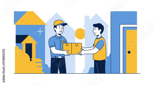 Delivery service concept illustration featuring a delivery man handing a package to a recipient in