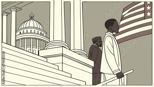 Historical Illustration of Figures with Flag and Government Building.