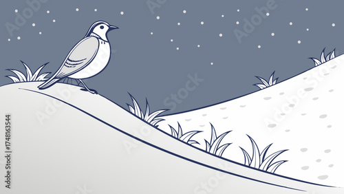 Nighttime Bird on Hilltop Winter Scene Illustrated Bird Art Nature Illustration Snowy Landscape Wildlife Illustration.
