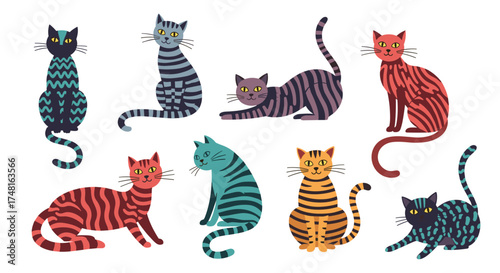 A colorful collection of playful cats in various poses and patterns.