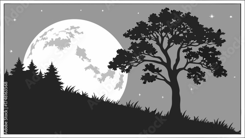 Nighttime landscape with large moon silhouetted trees and grass starry sky monochrome illustration.