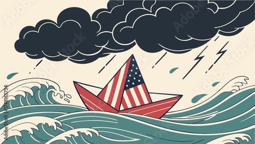 Paper boat navigating stormy seas dramatic ocean waves thunderclouds rain vector illustration graphic design element.