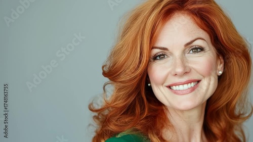 Video of middle age mature older beautiful woman with natural makeup and ginger red hair wearing green clothing.Zoom out slow motion.AI Generative.