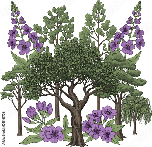 Isolated a kinds of deferent tree, Lignum vitae, purple flower vector art with white background.