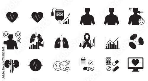 Collection of medical icons representing health, illness, treatment, and statistics, isolated on transparent background
