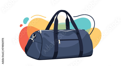 A navy blue duffel bag with straps and a shoulder strap sits on a white background with colorful abstract shapes behind it.
