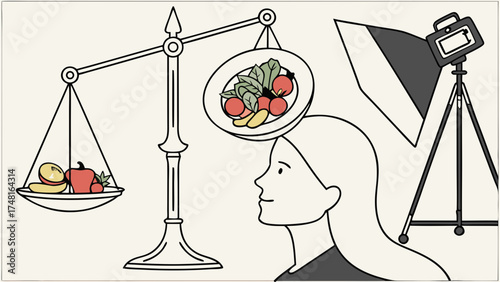 Illustration of a woman scales fruit and vegetables and a studio light setup representing healthy eating and food photography.