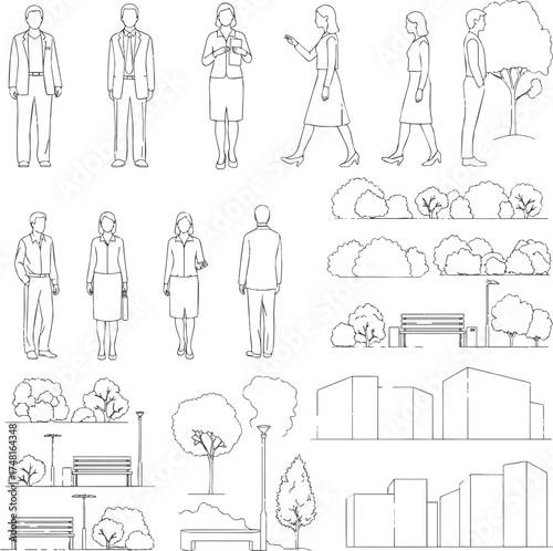 Isolated a kinds of deferent CAD Drawing. Vector illustration of men, women, standing walking talking in front back and side view. Symbol for architecture and landscape design drawing. vector art .