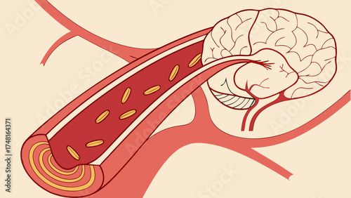 Illustration of blood flow to the brain circulatory system artery blood cells medical diagram healthcare anatomy physiology science education biology vessel red blood cells human bod.