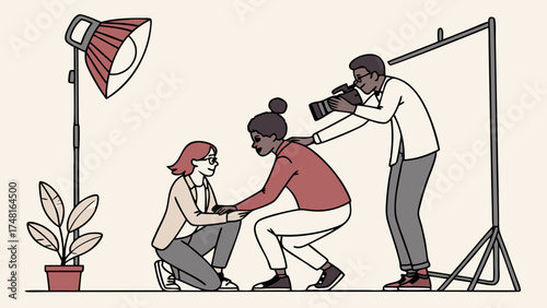 Photo Studio Illustration Diverse Team of Photographers and Models in a Creative Setting.