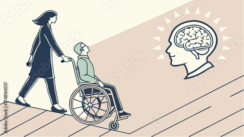 Illustration of Person in Wheelchair with Helper Concept of Progress and Support.