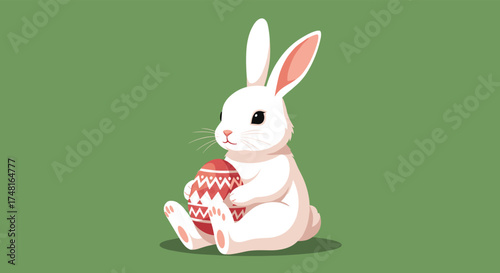 A cute pixel art bunny holding a decorated Easter egg on a green background.