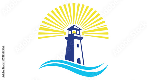 Blue and white lighthouse with yellow sun rays and waves, isolated on transparent background