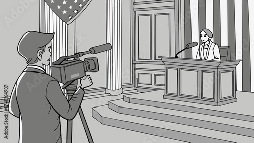 Press conference cameraman filming speaker at podium news broadcasting monochrome illustration event announcement presentation media journalist report speech politics government off.