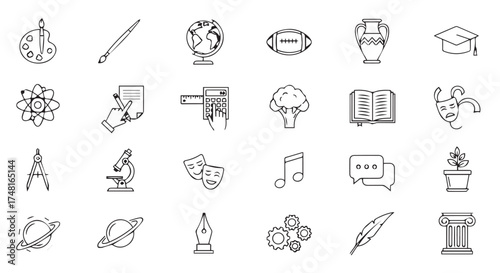 Collection of diverse educational and artistic icons in a grid format, isolated on transparent background