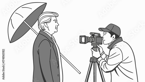 Professional Interview Recording Session Cameraman Filming a Subject with Umbrella Illustration.