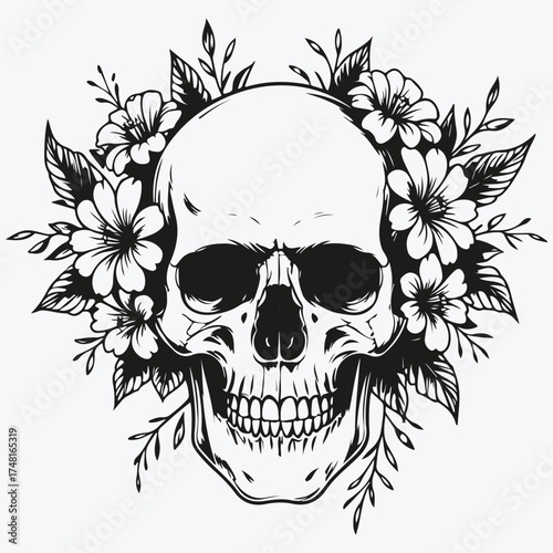scull with flowers sketch illustration vector