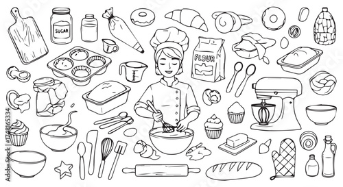 Baking scene with a chef and various baking tools and ingredients, isolated on transparent background