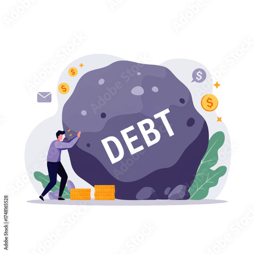 Man struggles to push a large rock labeled "DEBT" with coins and an envelope nearby.