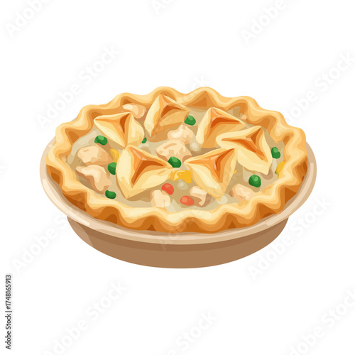 Flat 2D vector illustration of Chicken Pot Pie in a simple and modern style, on a white background.