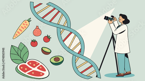 Scientist photographing healthy food and DNA strand genetic engineering nutrition research healthy lifestyle science illustration.