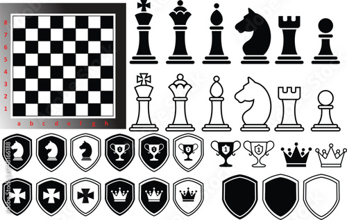 Game chess icon set collection group with board, pieces, trophies, crowns and shields isolated on transparent background in black and outline line style, vector illustration bundle design elements