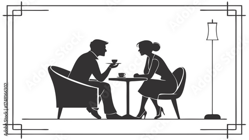 Silhouette of a Couple Enjoying Coffee Together in a Cafe Romantic Date Black and White Illustration.
