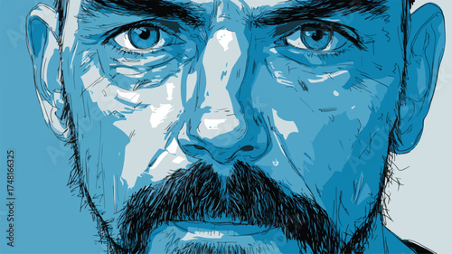 Professional Stylized Male Portrait Illustration with Serious Expression and Blue Hair