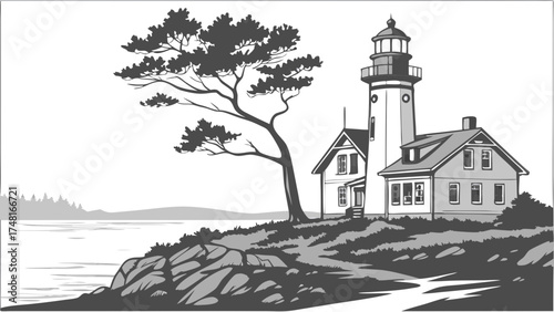 Lighthouse illustration coastal scene grayscale tree ocean building nature sea rocks graphic design vector art.