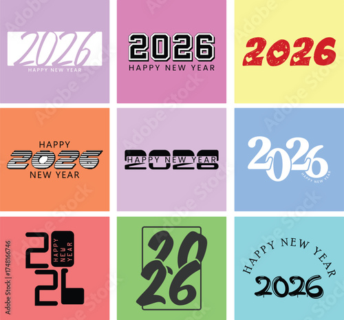 A grid of nine colorful squares each displaying a different happy new year design for the year two thousand twenty six vector illustration. Modern 2026 logos for different uses.