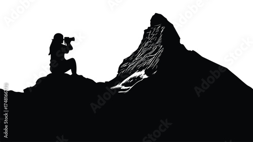 Silhouette of Person Photographing Mountain Peak Vector