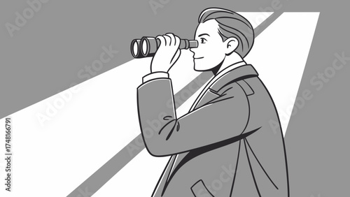Man using binoculars looking for opportunities future planning business vision grayscale illustration.