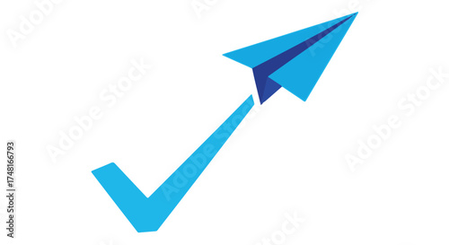 Blue paper airplane with a check mark, isolated on transparent background