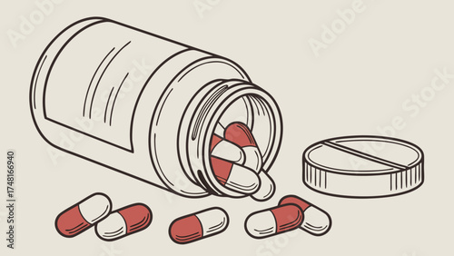 Spilled Capsules from a Medicine Bottle Healthcare Pharmacy and Medical Illustration Design.