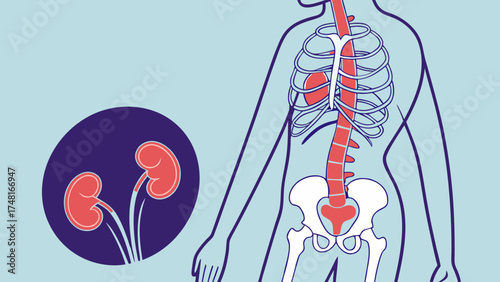 Medical Illustration Human Anatomy Urinary System Kidneys Spine Rib Cage Vector Graphic.