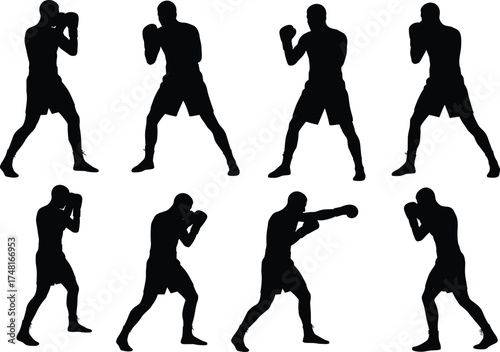 Boxing silhouettes, fighter poses, punching stance, defensive moves, athletic training, sports routine, gloves, motion, strength