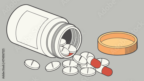 Spilled Pills from Bottle Medicine Healthcare Pharmacy Illustration Graphic Design Element.