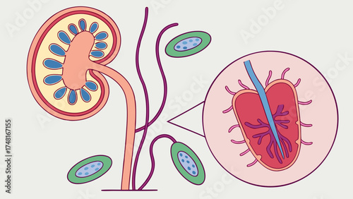 Medical illustration of human kidney anatomy detailed diagram showing nephrons and renal system healthcare educational chart.