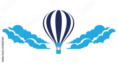 Blue and white striped hot air balloon floating amidst stylized clouds isolated on transparent background