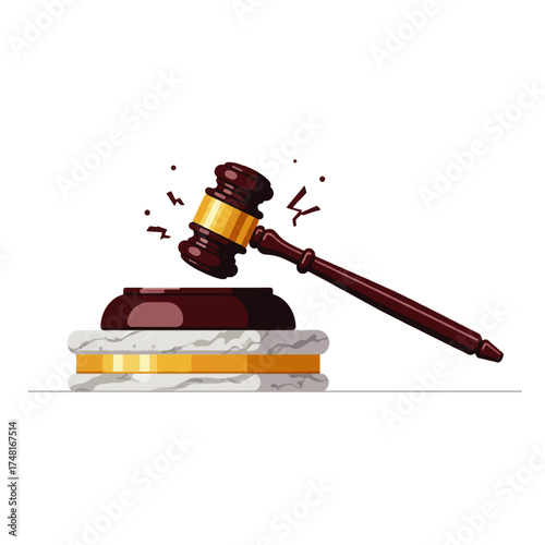 A wooden gavel strikes a sound block, creating small shards, against a white background.