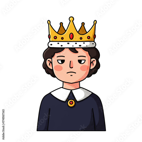 Cartoon illustration of a bored-looking young person wearing a golden crown and royal attire.