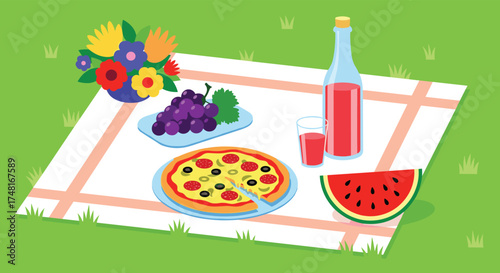 A delightful outdoor picnic spread featuring pizza grapes juice and watermelon on a checkered blanket in the grass.
