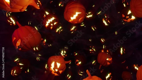 Pumpkin In The Night, 3D motion scene featuring glowing jack o lantern, mysterious fog, and eerie lighting, perfect for Halloween advertising, spooky intros, and cinematic visuals.