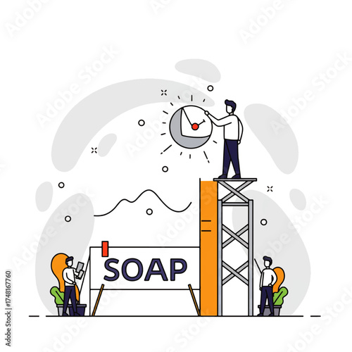 Illustration of people working on a SOAP project, adjusting time and using a device.
