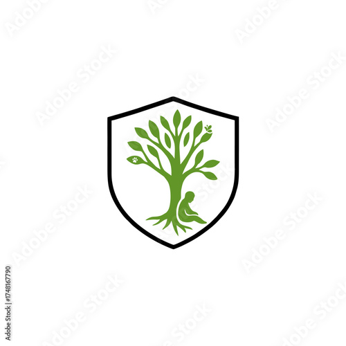 Green tree with a seated figure at its base, an eye on a branch, within a black-bordered shield.