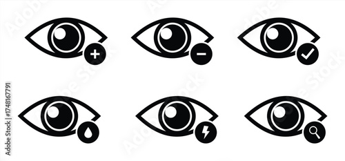 Eye Icon Set in Black Silhouette Style with Plus, Minus, Check, Drop, Lightning, and Search Symbols