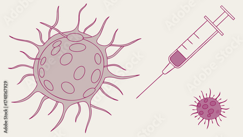 Medical illustration of virus injection and cell healthcare vaccination immunization science medicine biology virology microbiology research treatment disease prevention healthcare.