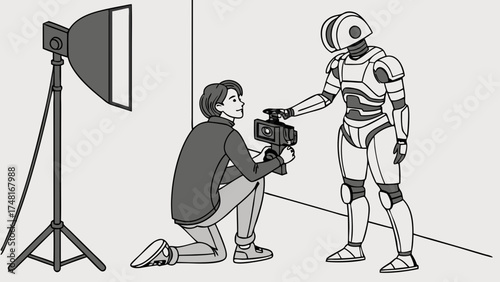 Studio filming with a robot and cameraman futuristic technology artificial intelligence filmmaking illustration.