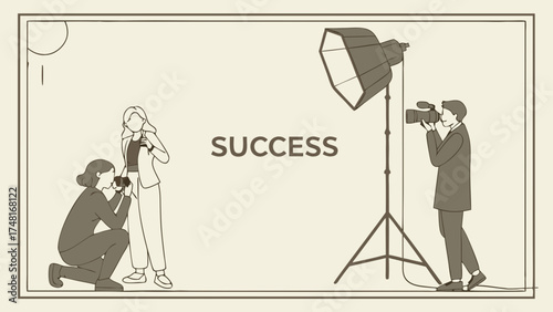 Studio Photography Session Fashion Shoot Photo Shoot Illustration Professional Photographer Model Posing Lighting Equipment Success Business Career Achievement Teamwork Collaboration.