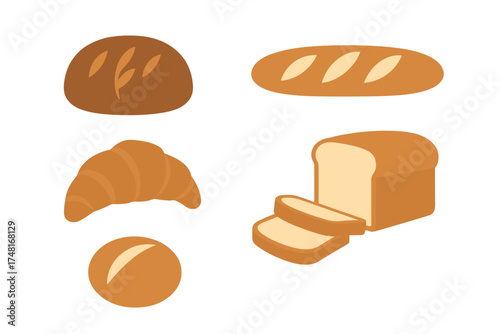 Assortment of fresh baked goods including loaf, round bread, baguette, and croissant